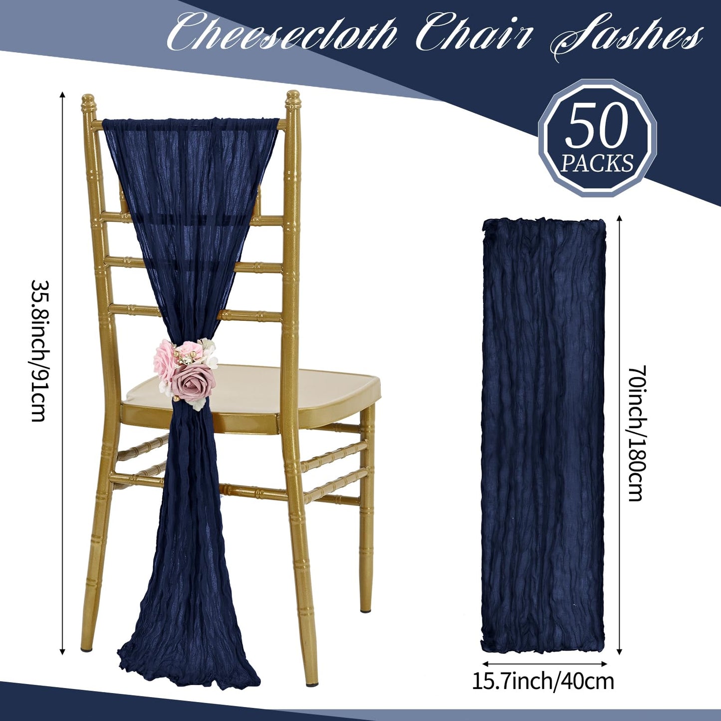 HNPSTBNO 50 PCS Cheesecloth Chair Sashes, Bows Designed ChairSashes, 15.7x70 inch Chair Sashes for Aisle Decorations Universal Chairs Cover Decoration for Wedding Reception Party Banquet (Navy Blue)