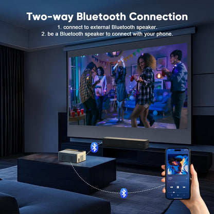 TMY 1080P Full HD Portable Mini Projector, Bluetooth Movie Projector, Compatible with TV Stick/Smartphone/PC/Game Console/HDMI/USB, Indoor & Outdoor Use, with Projector Screen