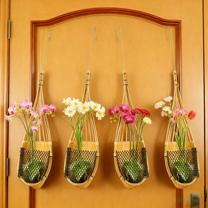 SatisJoy Orchid Hanging Planter, 5 Inch Thai Handmade Bamboo Natural Material Hanging Basket for Indoor Outdoor, Trellis Compatible, Durable Breathable, Set of 4 (Brown)