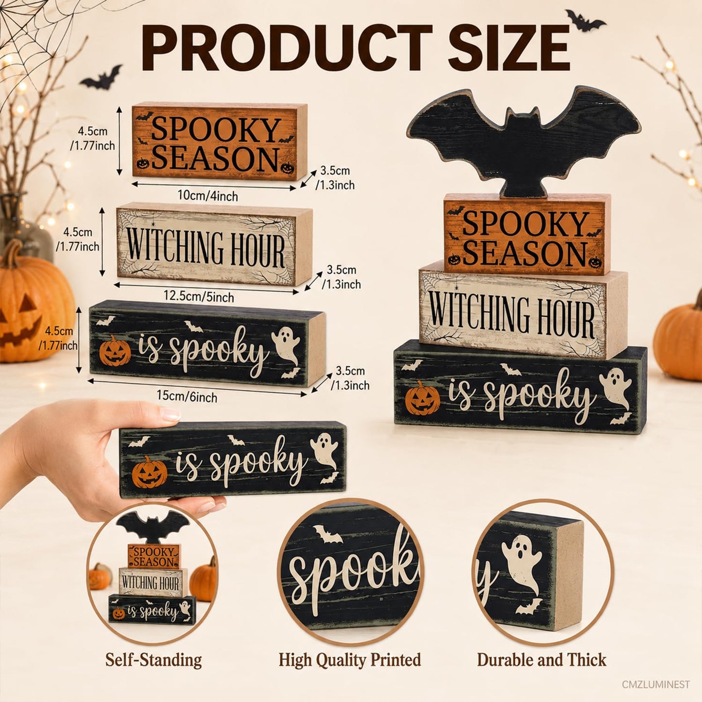 4 Pcs Halloween Table Decorations, Wooden Bat Tiered Tray Decor, Farmhouse Rustic Block Signs, Spooky Season Tabletop Centerpiece for Home Kitchen Shelf Office Mantel