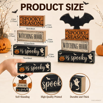 4 Pcs Halloween Table Decorations, Wooden Bat Tiered Tray Decor, Farmhouse Rustic Block Signs, Spooky Season Tabletop Centerpiece for Home Kitchen Shelf Office Mantel