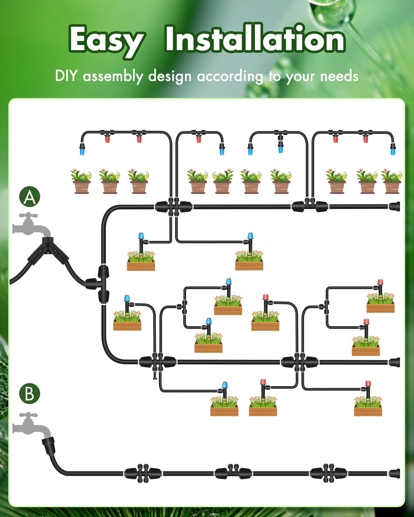 300FT Drip Irrigation System Kits - Automatic Garden Watering Sprinkler with 1/2 & 1/4 inch Tubing Hose Patio Misting Plant Irrigation Water Equipment Quick Connector for Greenhouse Flower Beds Lawn