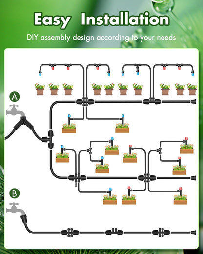 300FT Drip Irrigation System Kits - Automatic Garden Watering Sprinkler with 1/2 & 1/4 inch Tubing Hose Patio Misting Plant Irrigation Water Equipment Quick Connector for Greenhouse Flower Beds Lawn