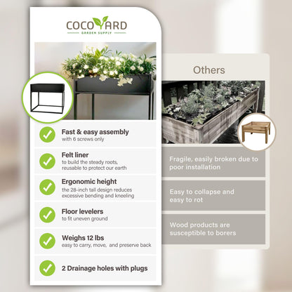 Cocoyard Metal Elevated Planter Box - 28" Raised Garden Bed with Legs for Indoor and Outdoor - Tall Rectangle Planter with Felt Liner, Drainage Holes and Plugs for Vegetables, Herbs and Flowers(Black)