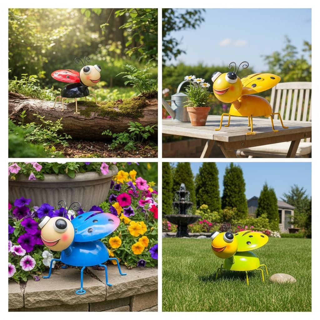 Cruis Cuka Metal Yard Art Garden Decor for Outside Cute Coloful Ladybugs Lawn Patio Ornaments Backyard Decorations Garden Gifts for Mom - Set of 4