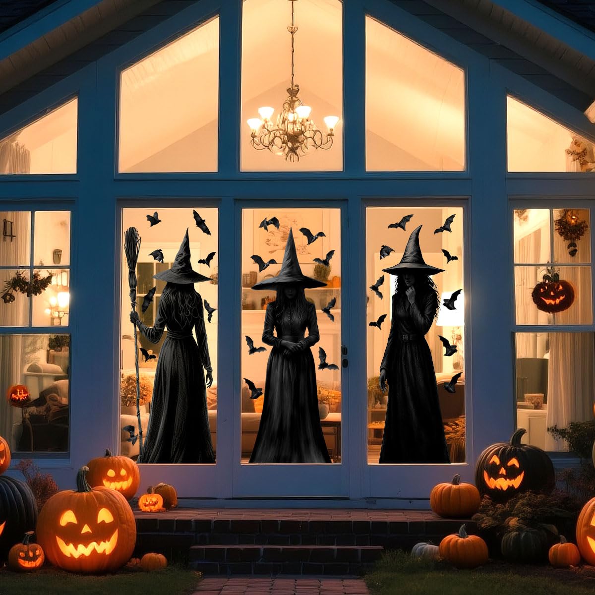 Halloween Window Clings, 3 Large Reusable Scary Witch Silhouette Window Clings & Bat Decals, Witches Silhouette Static Clings for Glass, Indoor Halloween Decorations for Home, School & Office