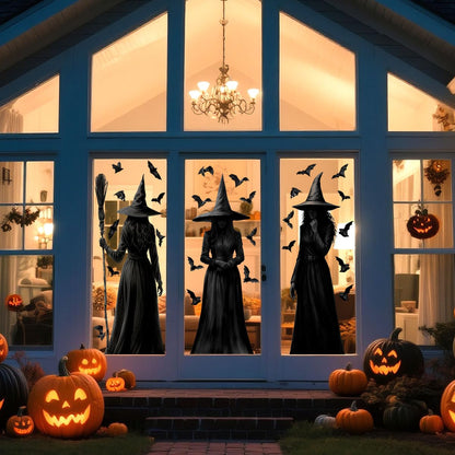 Halloween Window Clings, 3 Large Reusable Scary Witch Silhouette Window Clings & Bat Decals, Witches Silhouette Static Clings for Glass, Indoor Halloween Decorations for Home, School & Office