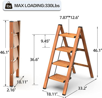 4 Step Ladder, Aluminum Folding Step Stool with Anti-Slip Sturdy and Wide Pedal, Lightweight Portable Stepladder for Home and Kitchen Use, Woodgrain, 330 lbs