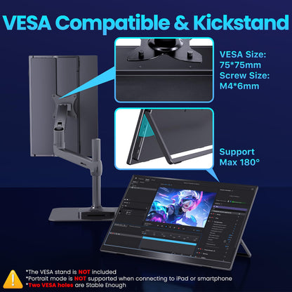 Upperizon Portable Monitor 16 inch 2K QHD 2560X1600 145% sRGB 240 Hz HDR HDMI USB-C Travel Monitor for Laptop MacBook PC Surface PS5 Xbox, External Display with Kickstand & Speakers, VESA Compatible