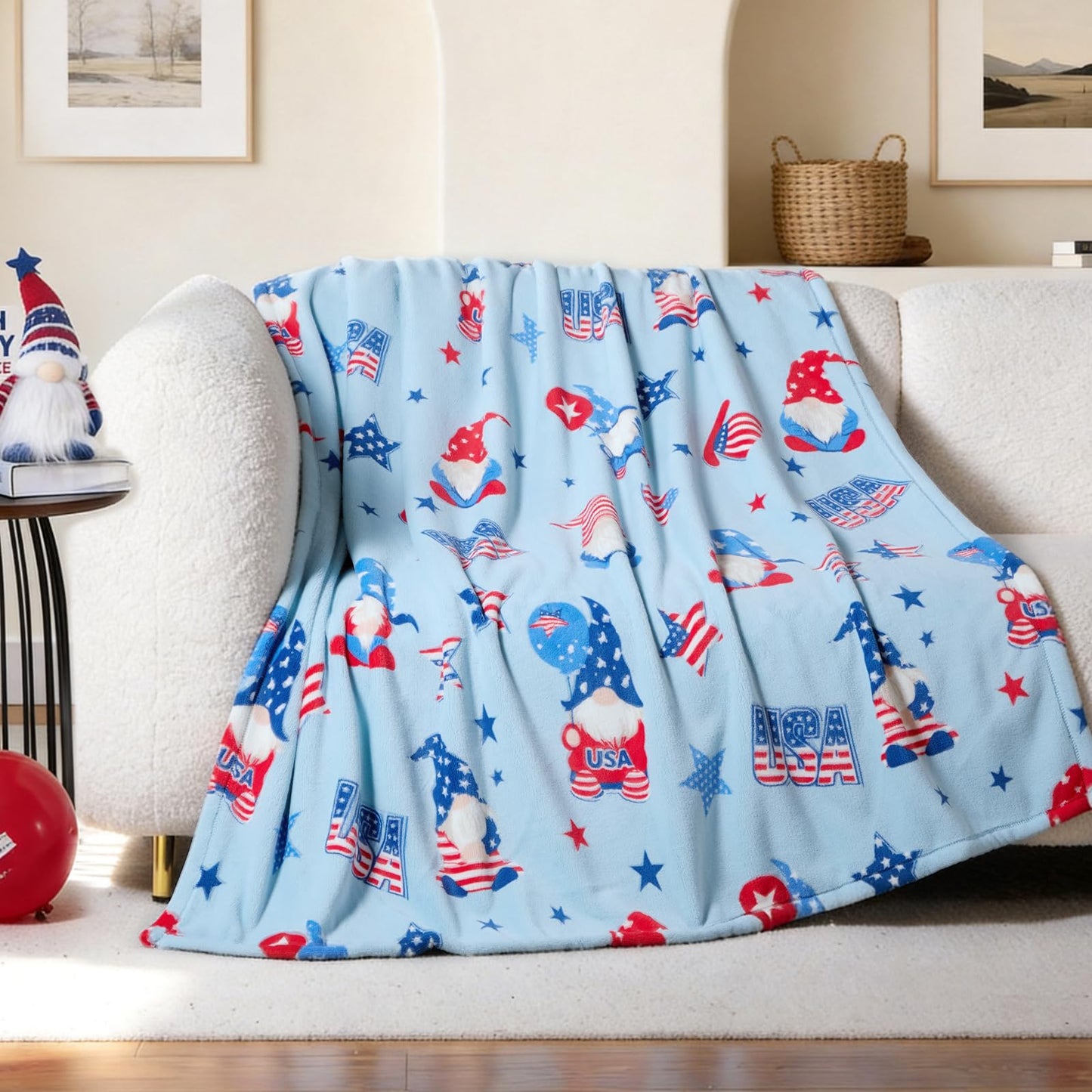 Cozy Bliss Gnome Patriotic Throw Blanket - 4th of July Warm MilkyPlush Throw Blankets,Ultra Soft Cozy Blankets for Couch,Sofa and Bed,Blue,50"x60"