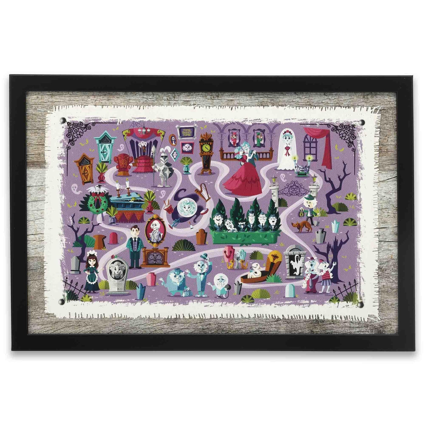 Disney Haunted Mansion Map Framed Wood Wall Decor - Fun Haunted Mansion Picture for Kids' Room or Halloween Decor