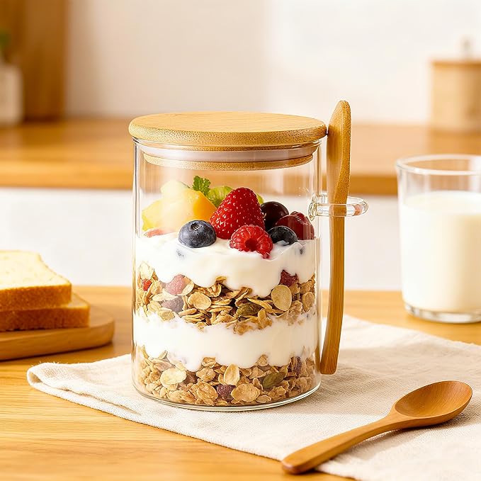 Overnight Oats Containers With Lids and Spoons, 2pack Glass Jars with Bamboo Lids, Leak-Proof Overnight Oats Jars for Cereal, Yogurt, Chia Pudding