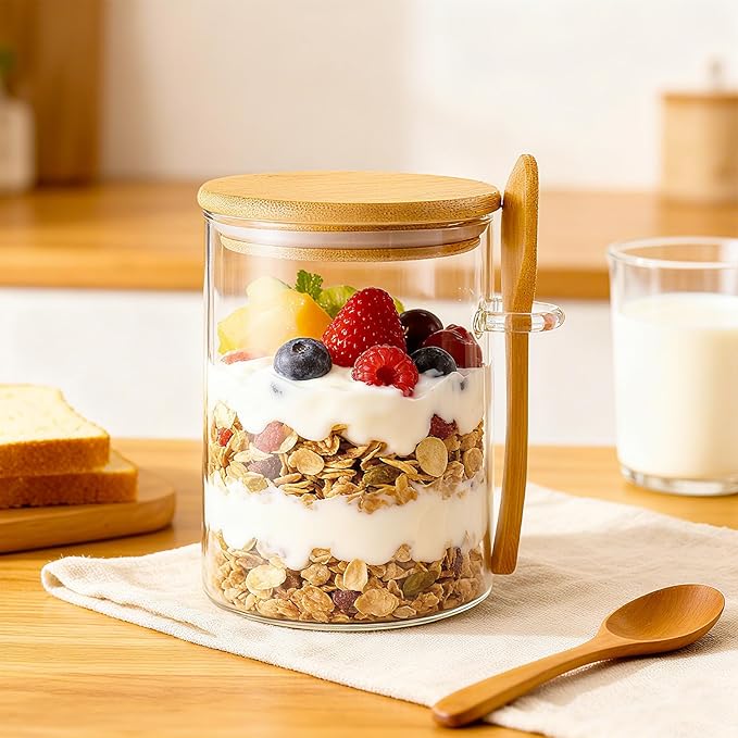 Overnight Oats Jars, Overnight Oats Container with Lid and Spoon, 2 Pack Glass Jars with Bamboo Lids for Cereal, Yogurt, Chia Pudding