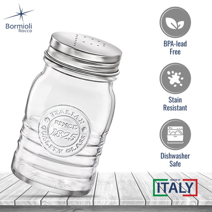 Bormioli Rocco Officina 1825 Salt & Pepper Jars Set of 2-8 Oz. Ribbed Glass Containers with Airtight Metal Lids for Seasoning, Cooking & Dining Table Use - Italian Glass Storage Design
