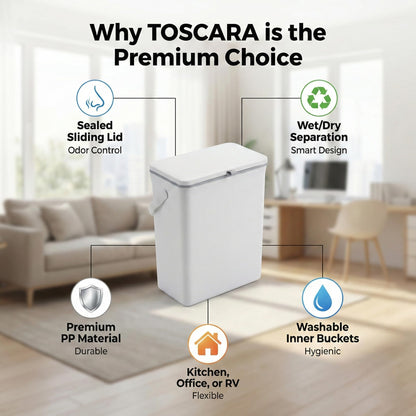 TOSCARA 3.2 Galoon Kitchen Compost Bin with lid | Odorless Hanging Trash Can with Sliding Lid for Dry & Wet Waste – 12 L Wall-Mounted Garbage Can for Kitchen Cabinet. Under Sink Trash can for Office.