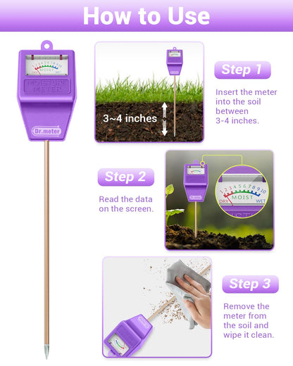 Dr.meter Soil Moisture Meter Tester for Plants, Hygrometer Moisture Sensor for Houseplants Indoor Outdoor Garden Lawn Use - Plant Water Meter Gauge Test Kit, No Battery Needed - Gardening Gifts