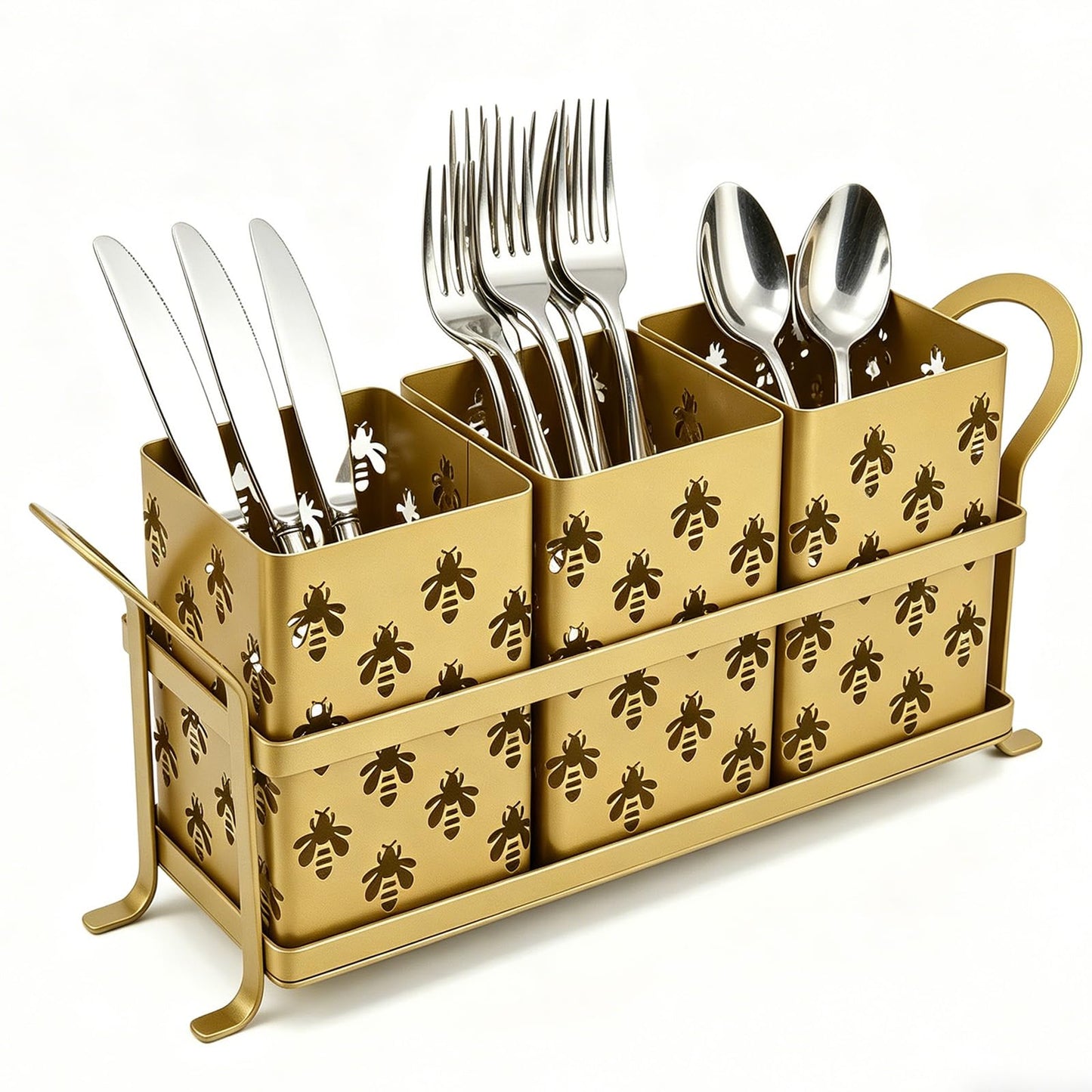 DRPORONYN Silverware Caddy with Bee Design, 3 Compartment Metal Utensil Holder with Handles,Silverware Holder for Party Countertop, Kitchen, Outdoor, Cutlery Holder Organizer for Spoon Fork,Gold