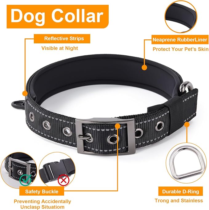 Annchwool No Pull Dog Harness,Heavy Duty Reflective Collar & Leash Set-Leash with Double Handle & Car Seatbelt Clip-Easy Control for Walking Training Medium Large Size Dogs(Black,L)