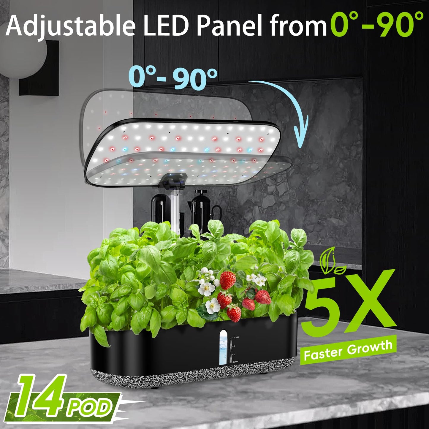 Hydroponics Growing System with LED Grow Light, 14 Pods Indoor Herb Garden Full Spectrum Rotatable Light Panel, Auto On Off Timing 12 14 16Hrs, 5L Water Tank, Harvest Fresh Basil Tomato (Black)