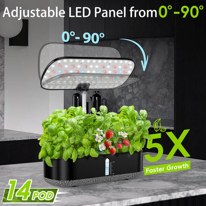 Hydroponics Growing System with LED Grow Light, 14 Pods Indoor Herb Garden Full Spectrum Rotatable Light Panel, Auto On Off Timing 12 14 16Hrs, 5L Water Tank, Harvest Fresh Basil Tomato (Black)