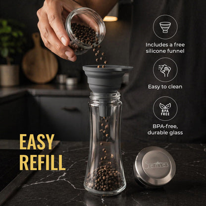 5Senses SpiceCare Salt and Pepper Grinder Set of 2 (200ml) | Stainless Steel & Glass Manual Pepper Mill | Adjustable Ceramic Coarseness | Refillable Salt Shaker for Peppercorns, Sea Salt & Spices