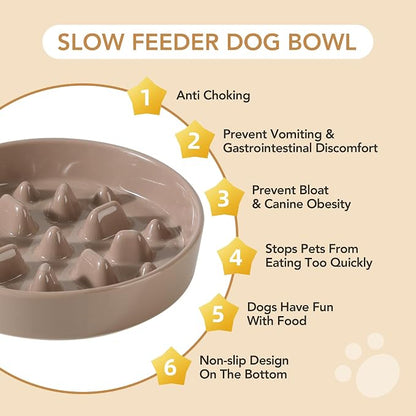 Havniva 8.2” Raised Slow Feeder Dog Bowls Set, 1.6 Cups Ceramic Slow Feeder Dog Bowl and 7.3” Dog Water Bowl with Elevated Wooden Stand Puzzle Dog Food Bowl for Medium Dogs Anti-Gulping & Anti-Choking