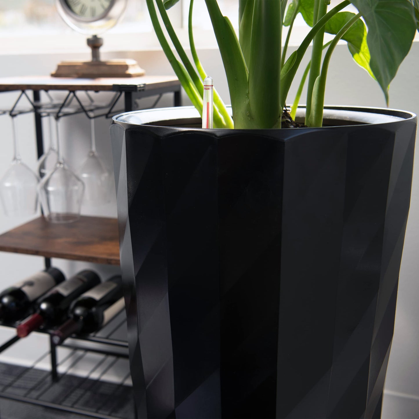 XBrand 30" H Black Plastic Self Watering Indoor Outdoor Diamond Look Round Planter Pot, Tall Decorative Gardening Pot, Home Décor Accent