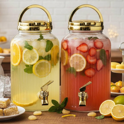SiliFine 2 Pieces 1 Gallon Plastic Beverage Dispenser with Spigot Striped Clear Large Drink Beverage Dispenser Summer Fridge Water Container with Tap for Party Iced Tea, Sangria, Lemonade(Gold)