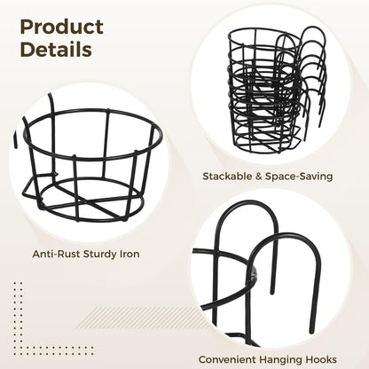 6 PCS Round Hanging Railing Planters, Hanging Flower Stand Iron Baskets, Hanging Planters for Outdoor Plants, Metal Rack Fence Shelf Plant Holder with Hooks for Balconies, Gardens, Indoor Spaces