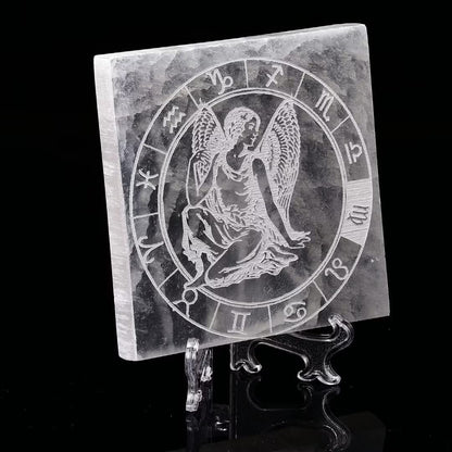 AMOYSTONE Selenite Crystal Charging Plate for Healing Crystal Stone Selenite Pieces Square Slab Etched Virgo 4" with Stand