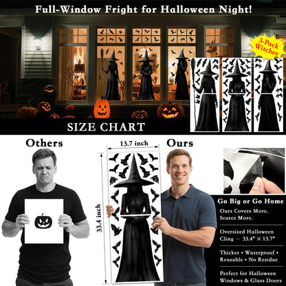 Halloween Window Clings, 3 Large Reusable Scary Witch Silhouette Window Clings & Bat Decals, Witches Silhouette Static Clings for Glass, Indoor Halloween Decorations for Home, School & Office