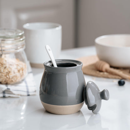 famiware Milkyway Sugar Bowl with Lid and Spoon, 10oz Ceramic Sugar Jar/Pot/Dispenser for Salt, Condiments, Spice, Seasonings, Sugar Container for Coffee Bar, Home, Kitchen, and Countertop, Dark Gray