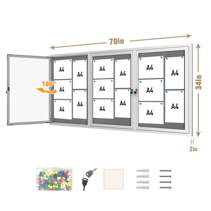 Mifuro 70"x34" Enclosed Bulletin Board, Outdoor Lockable Weather-Resistant Aluminum Cork Noticeboard for School & Office, Silver Frame w/Grey Flet