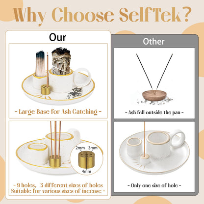 SelfTek 5 in 1 Incense Holder for Sticks, Ceramic Incense Burner Holder and Ash Catcher Tray, Palo Santo Holder - 9 Incense Holes for Candle, Sage Holder for Burning for Meditation Yoga Room (White)
