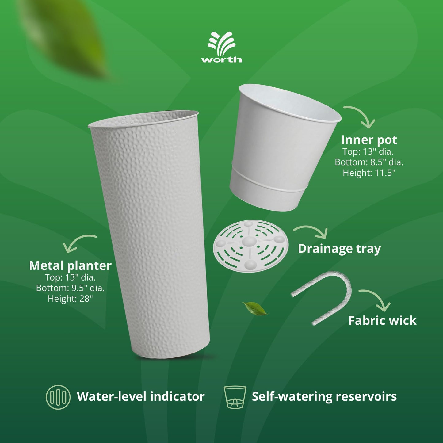 Worth 2 Pack 28" Tall Narrow Metal Planter with Inside Pot for Indoors or Outdoors, Deck, Patio or Front Porch, Hand-Hammered Texture, White
