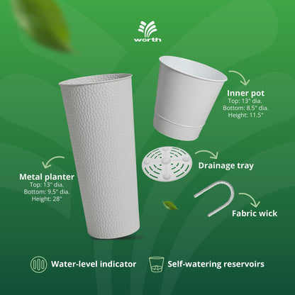 Worth 2 Pack 28" Tall Narrow Metal Planter with Inside Pot for Indoors or Outdoors, Deck, Patio or Front Porch, Hand-Hammered Texture, White