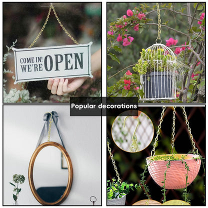 236 Inch Gold Hanging Baskets Chains - Adjustable Length, Brass Decorative Metal Chain with A Great Assortment of Hooks for Hanging Bird Feeders Planters Baskets Billboards Ornaments, Chain Hooks DIY