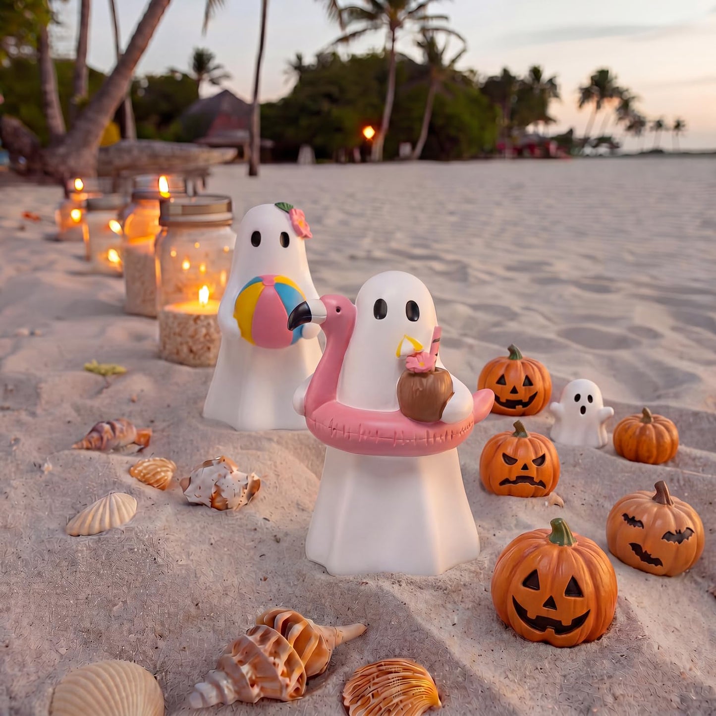Blulu 2 Pcs Summer Halloween Ghost Figure Decor Resin 6 Inch Beach Pool Party Decoration Cute Kawaii Spooky Summer Halloween Hawaii Gift Decor Funny Ghost Statue Tabletop Indoor Outdoor Home