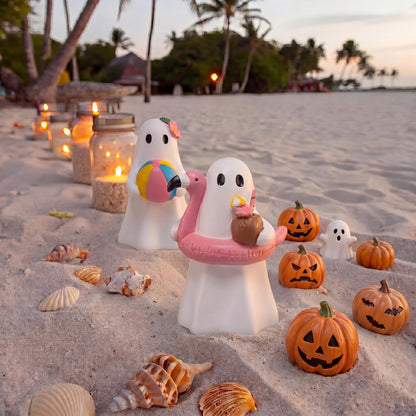 Blulu 2 Pcs Summer Halloween Ghost Figure Decor Resin 6 Inch Beach Pool Party Decoration Cute Kawaii Spooky Summer Halloween Hawaii Gift Decor Funny Ghost Statue Tabletop Indoor Outdoor Home