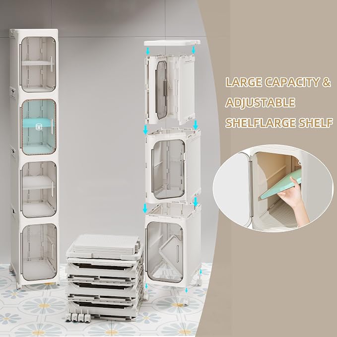 5-Tier Tall Slim Narrow Bathroom Storage Cabinet, White | Tool Free Assembly, Adjustable shelves, Fits for Narrow Spaces, Lockable Wheels, Magnetic Clear Door