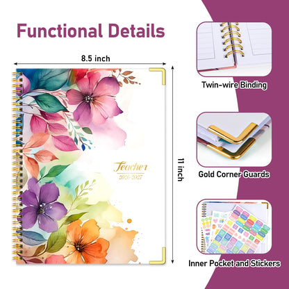 Teacher Planner 2026-2027, Jul 2026-Jun 2027 Academic Year, 8.5" x 11" Lesson Planner Book for Teacher Calendar, Spiral Bound Planners, Planning Stickers, Colorful Monthly Tabs, Flower