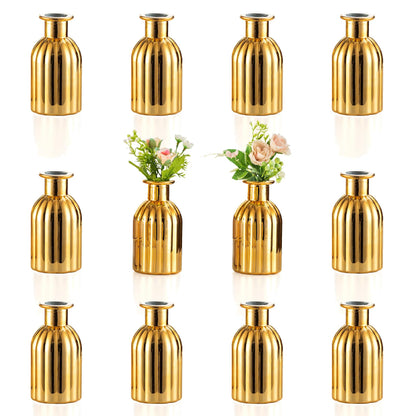 NUPTIO Bud Vases Small Gold: 12 Pcs Glass Vase Set in Bulk for Flowers - Mini Vintage Flower Bottle Single Vases for Wedding Table Centerpieces