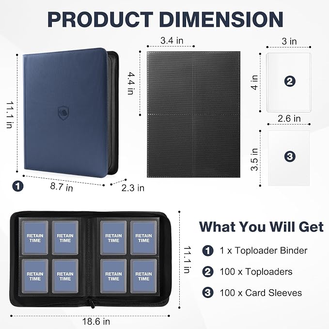 Toploader Binder, Holds 160 Toploaders, 100 Toploaders INCLUDED, 4-Pocket PU Cover Top Loader Binder for 3" x 4" Rigid Toploader, Ringless Double-Sided Toploader Card Binder for TCG, Sport Cards