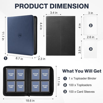 Toploader Binder, Holds 160 Toploaders, 100 Toploaders INCLUDED, 4-Pocket PU Cover Top Loader Binder for 3" x 4" Rigid Toploader, Ringless Double-Sided Toploader Card Binder for TCG, Sport Cards