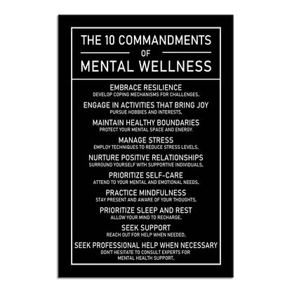 The 10 Commandments Of Mental Wellness Motivational Canvas Poster Healthy Growth Wall Art Prints Artwork for Office Living Room Modern Home Decor Painting Pictures Stretched and Framed[12''Wx 18''H]
