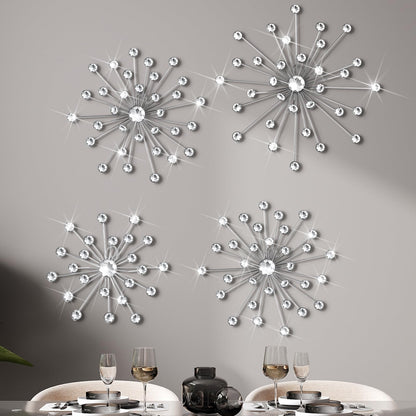 Funnymoom 4 Pcs Silver Starburst Wall Decor Metal Bling Wall Art Crystal Silver Sparkling Rhinestones Bling Decorative Hanging Diamond for Living Room Bedroom Home Office