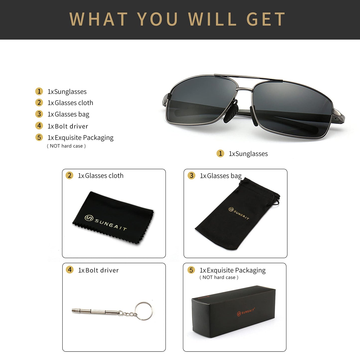 SUNGAIT Ultra Lightweight Rectangular Polarized Sunglasses Men UV400 Protection (Gunmetal Frame Gray Lens, 62) Metal Frame SGT458 QKH-CA