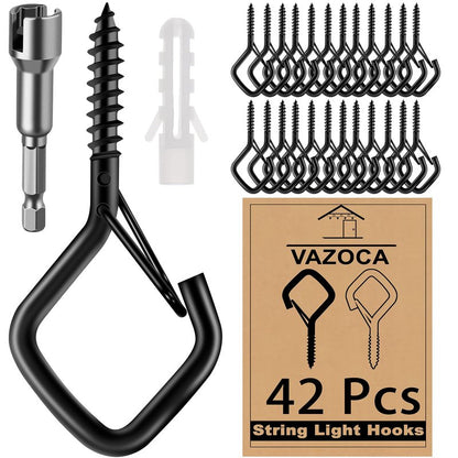 42 Pcs Screw Hooks for Outdoor String Lights, Q-Hanger Hook with Safety Buckle, Patio Wall Ceilling Square Eye Cup Hook for Hanging Plant Pots Christmas Decor Wire Fairy Led, Wind Nut Driver, Black