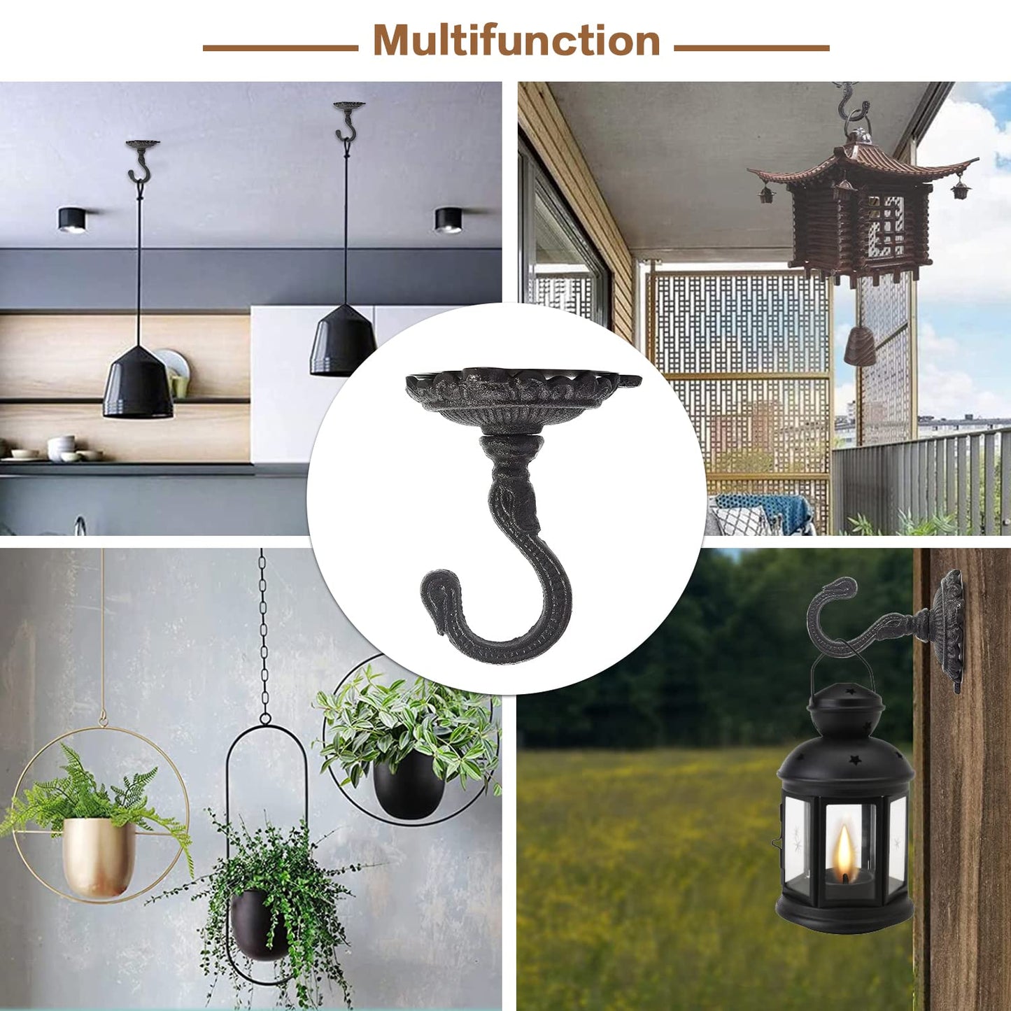 Sungmor Heavy Duty Cast Iron Ceiling Hooks - 2PC Black, 3.5x3.9Inch Decorative Plant Hangers, Indoor Outdoor Swag Hooks for Hanging Plants, Planters, Wind Chimes, Lanterns