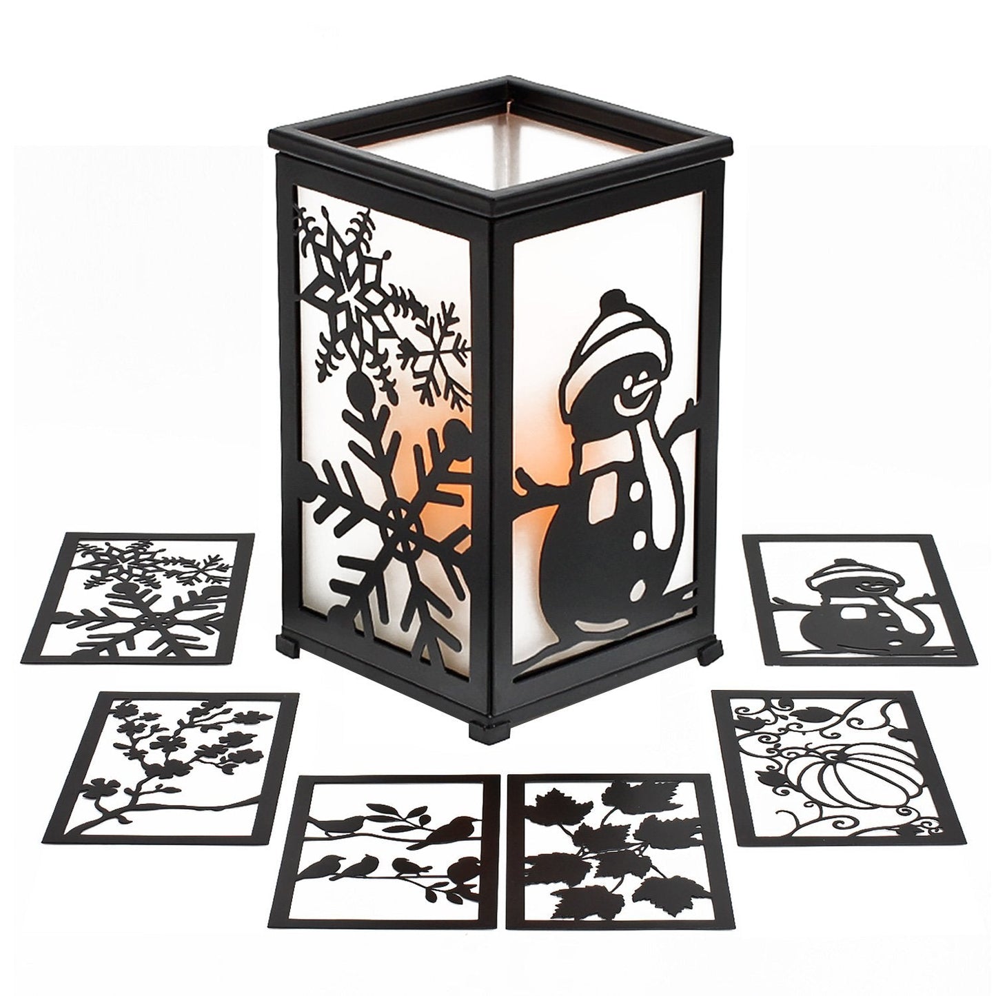Decorative LED Candle Lantern with Timer & 12 Magnetic Seasonal Panels - Battery Operated Flameless Flickering Candle - Rustic Black Metal Lantern for Indoor & Outdoor Home Decor, 5” x 5” x 8.5”
